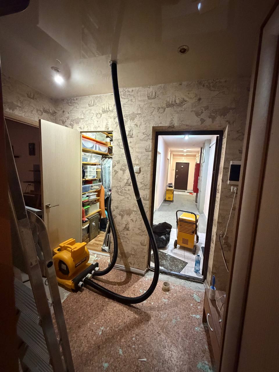 Оборудование для осушения с длинными шлангами в проходе между комнатами